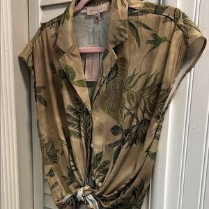 Philosophy Beige Botanical Tie-Front Button-Down Blouse